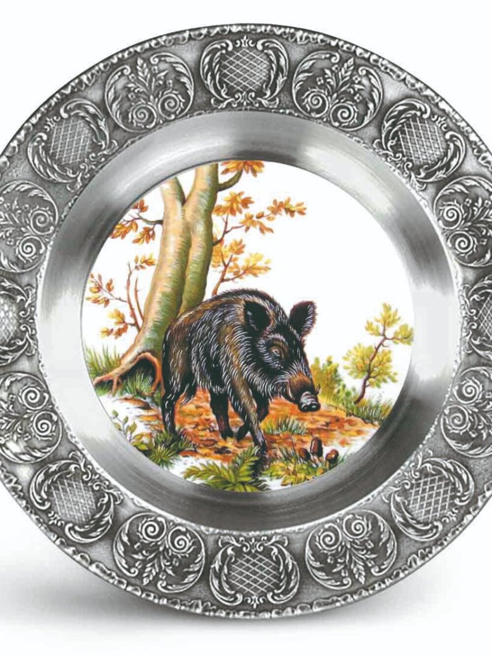 SKS Artina Wildschwein Pewter Wall Plate with Wild Boar Hunting Scene